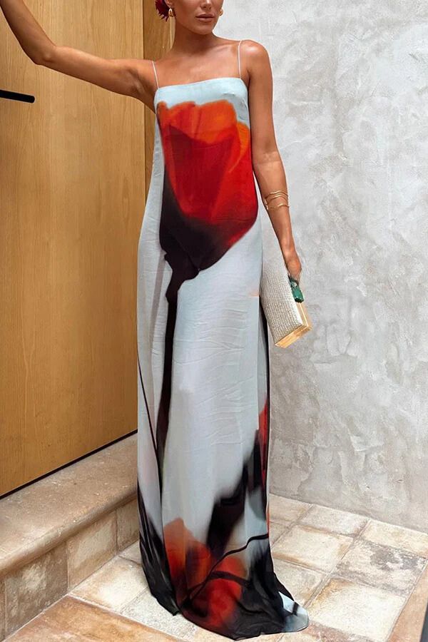 Robe longue de vacances coupe H à imprimé tulipes abstrait et fleurs de saison 