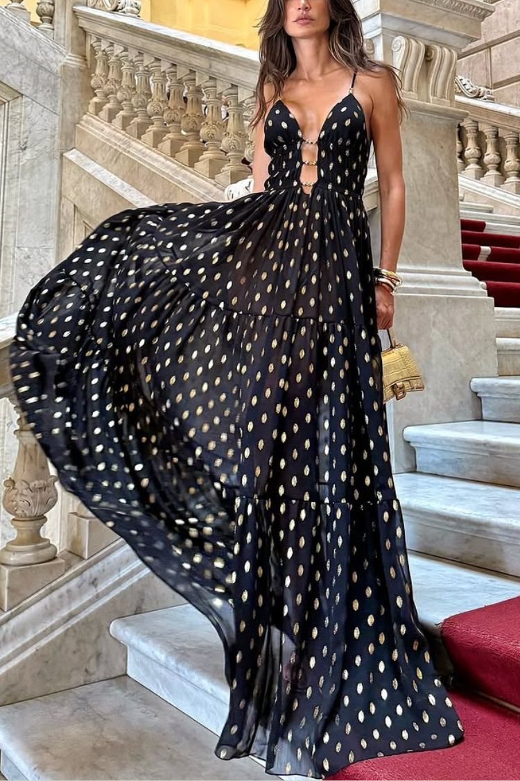 Robe longue légère en mousseline de soie à imprimé pois dorés et découpes