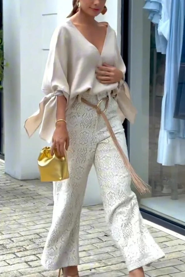Joyful Bond Crochet Lace Mid Rise Pocketed Wide-leg Pants
