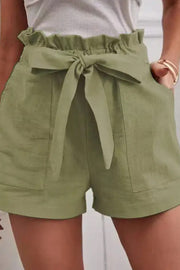 Casual Loose Solid Color Elastic Waist Tie Shorts