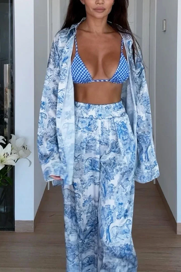 Lässiges zweiteiliges Set aus bedrucktem Hemd und Hose