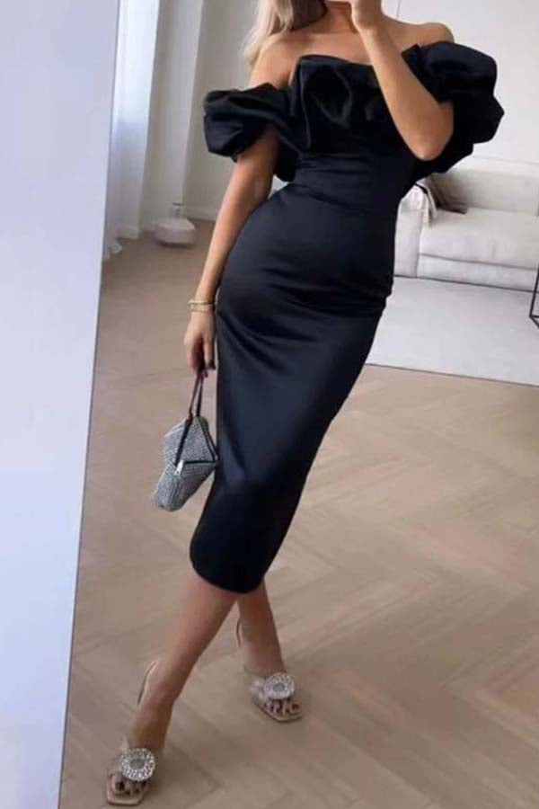 FASHION SOLID COLOR OFF THE SHOULDER DRESS