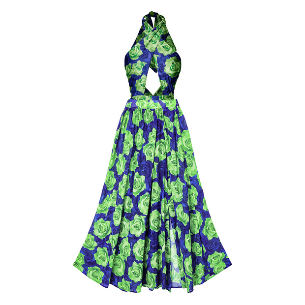 Blue Green Rose Print Cut Out Hanging Neck One Piece Swimsuit