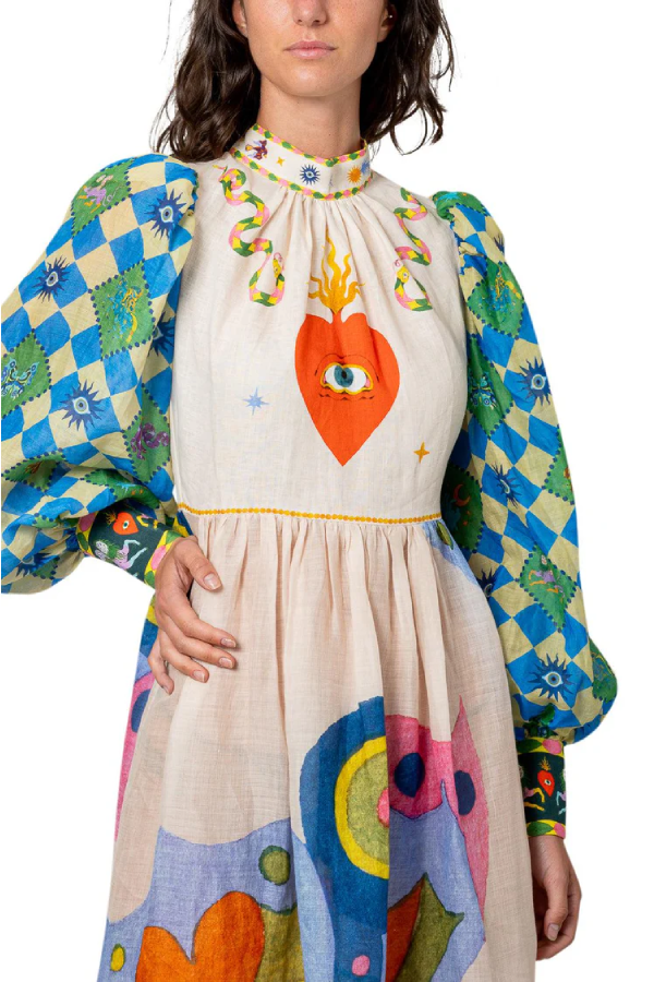 Dear To My Heart – A-Linien-Midikleid mit einzigartigem Print und Laternenärmeln