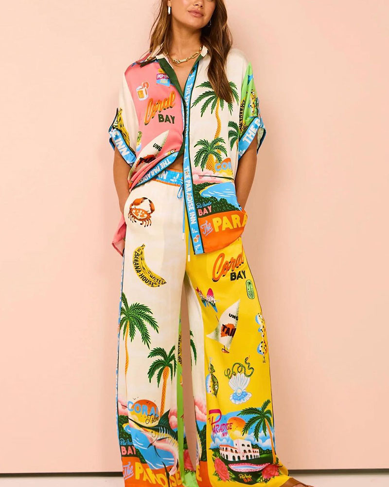 Contrast Color Holiday Style Print Two Piece Set