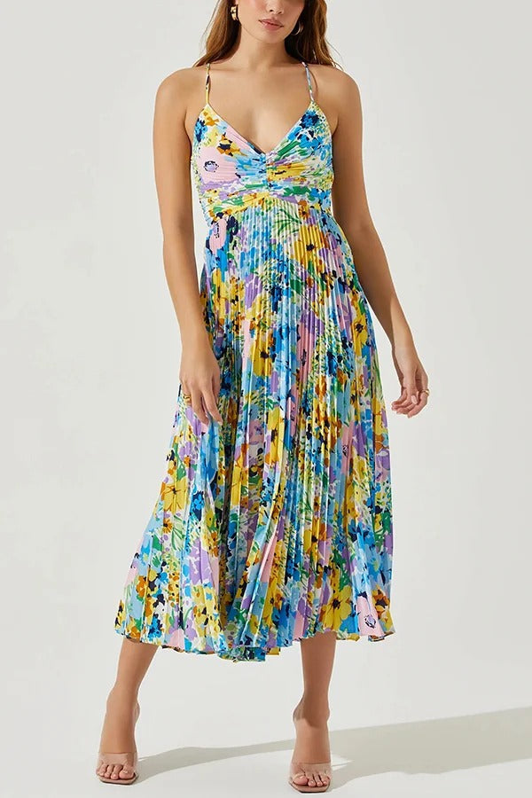 Robe mi-longue plissée à imprimé floral et à nouer dans le dos pour la saison des fêtes de mariage