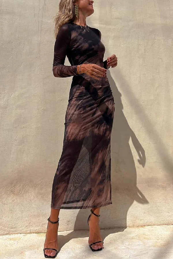 Charm Lady Mesh-Overlay Tie-Dye-Print Langärmliges, gerüschtes Stretch-Midikleid 
