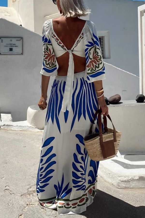 Linen Blend Unique Printed V-Neck Hollow Backless Lace-Up Holiday Maxi Dress