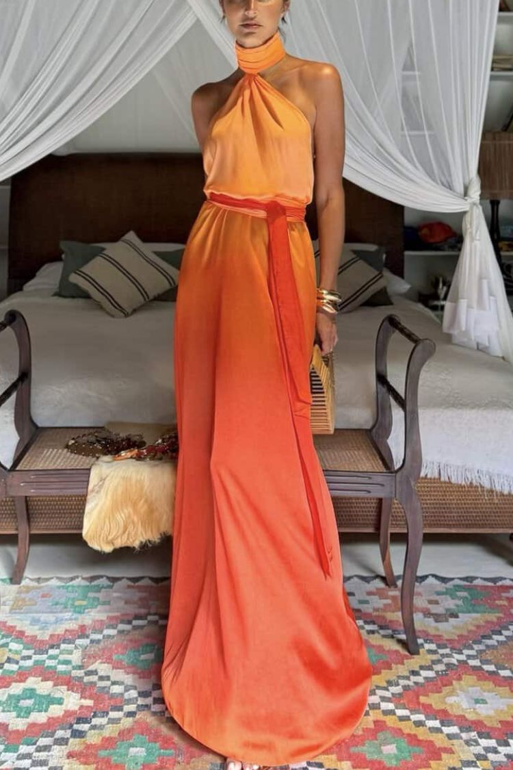 Robe longue à imprimé dégradé Chase The Sun, col montant, dos nu et lien à nouer