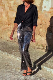 Pursue Shine Sequin High Rise Elastic Waist Flare Pants