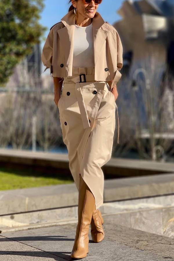 Work Style Lapel Long Sleeve Jacket and Button Belt Pocketed Slit Midi Skirt Set