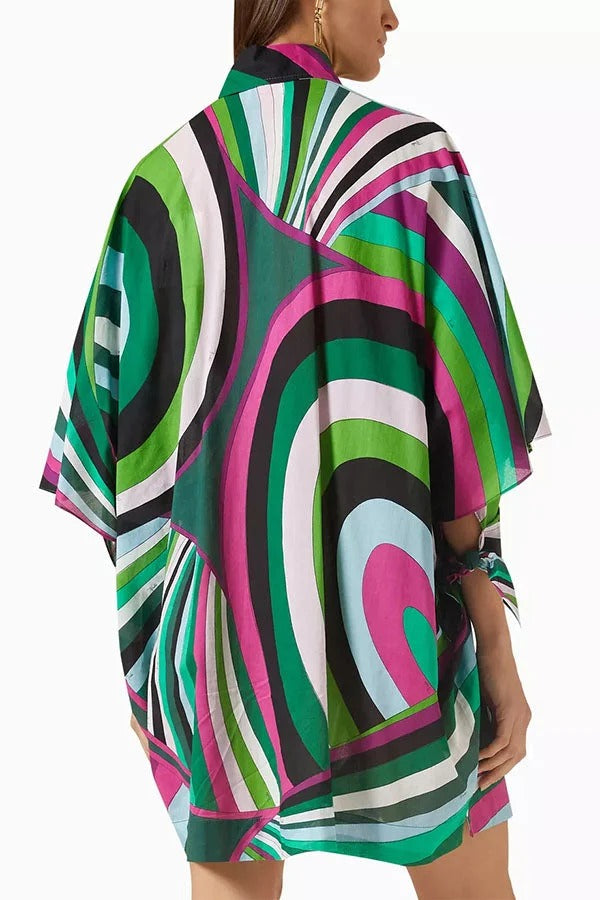 Lorrie Unique Print Button Slit Tie-up Sleeve Oversized Shirt Mini Dress