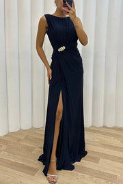 Pretty Special Pleated Embellished Slit Evening Maxi Dress