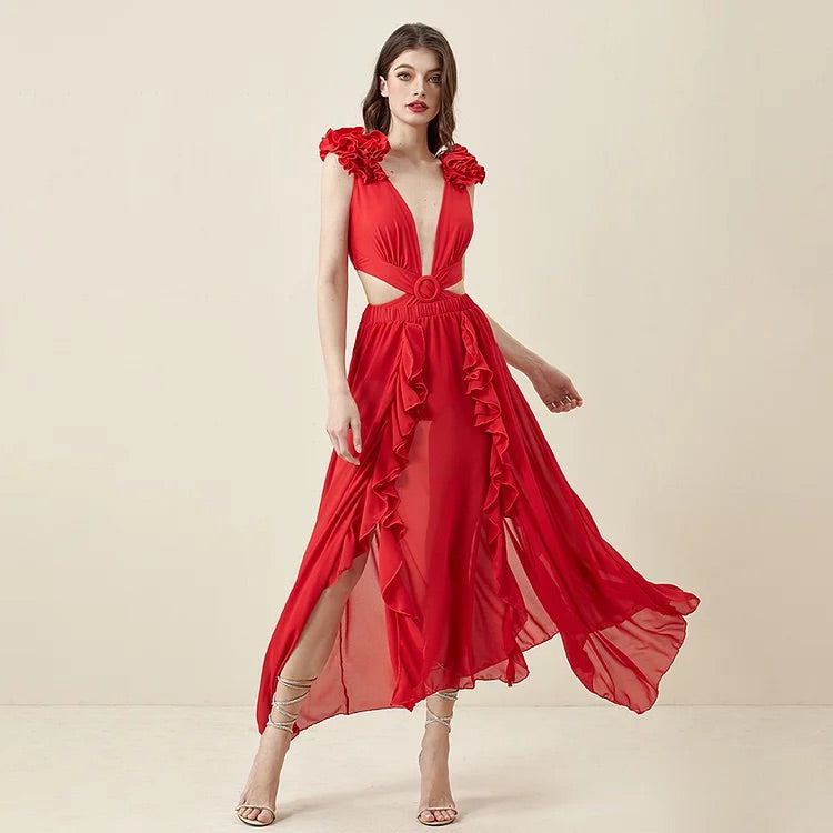 Maillot de bain une pièce rouge à découpes et jupe en V profond swimgirls 