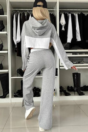 Perfect for Everyday Patchwork Cropped Hoodie and Elastic Waist Pocketed Slit Pants Set