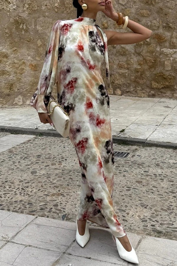 Ninah Satin Tie-dye Print Tie-up Neck One Sleeve H-line Maxi Dress