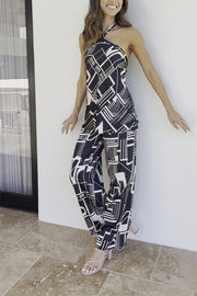 Just Own It Satin Abstract Print Halter Top and Elastic Waist Pocketed Pants Set