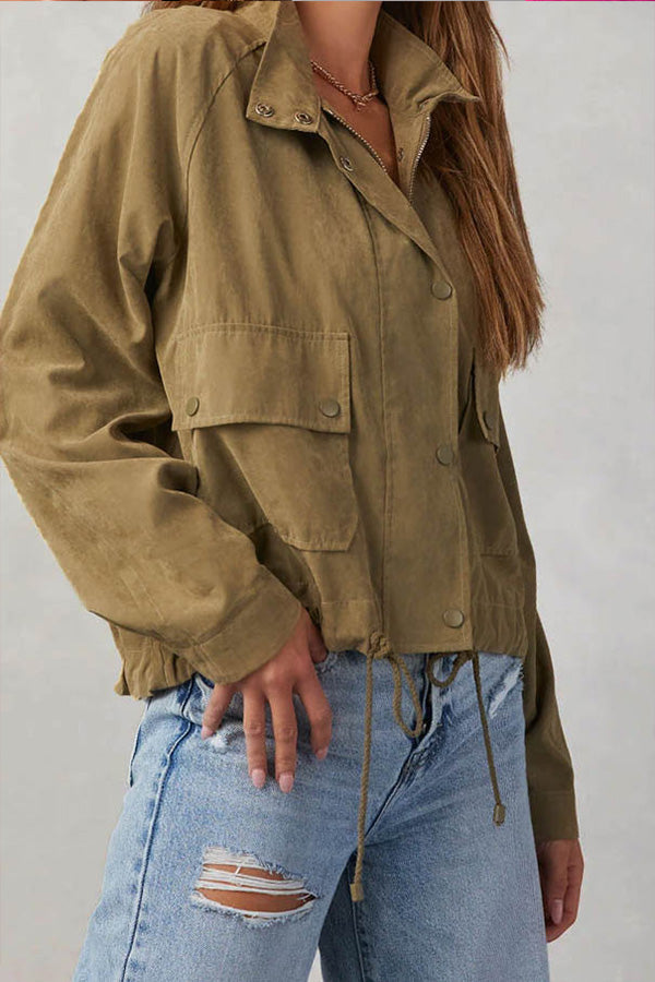 Veste midi à revers à carreaux brossés, plusieurs boutons et deux poches 