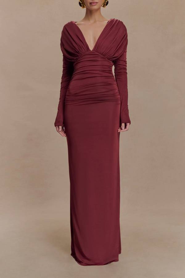 Burgundy Phantom Deep V Pleated Long Sleeve Evening Dress