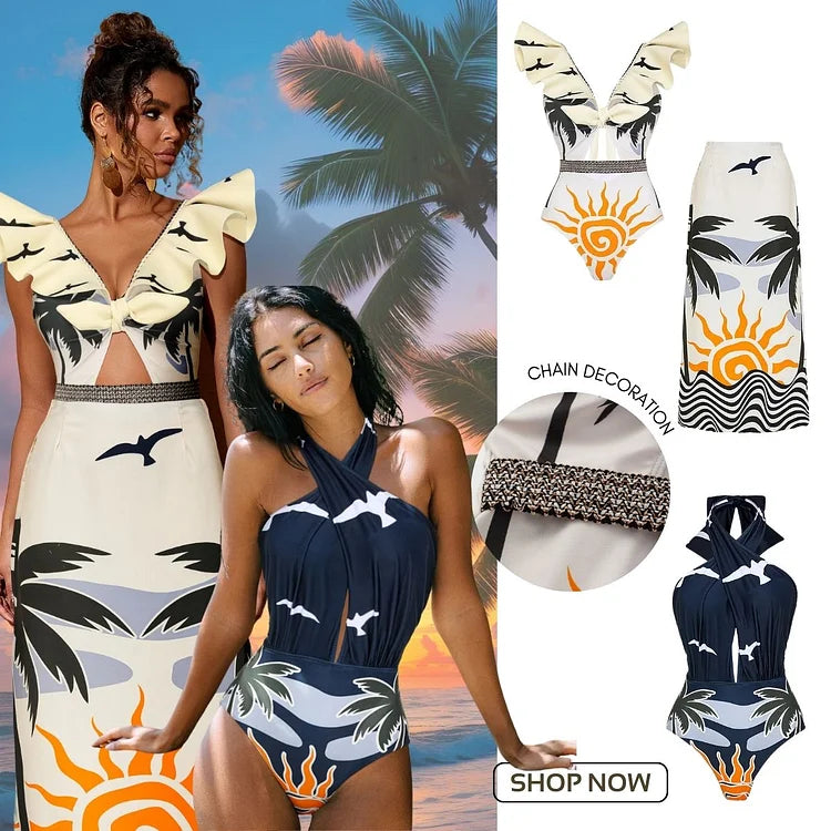 Maillot de bain une pièce à lacets et col en V avec volants et chaîne imprimée 