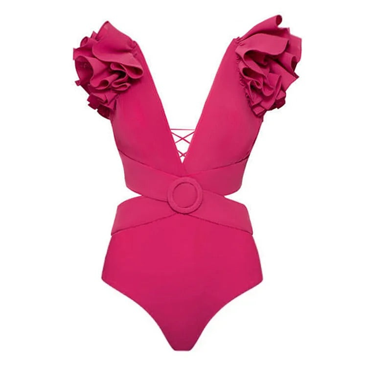 Maillot de bain une pièce et jupe découpés Vioye Deep V Rose Red 