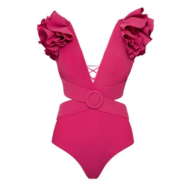 Vioye Deep V Rose Red Cutout One Piece Swimsuit and Skirt