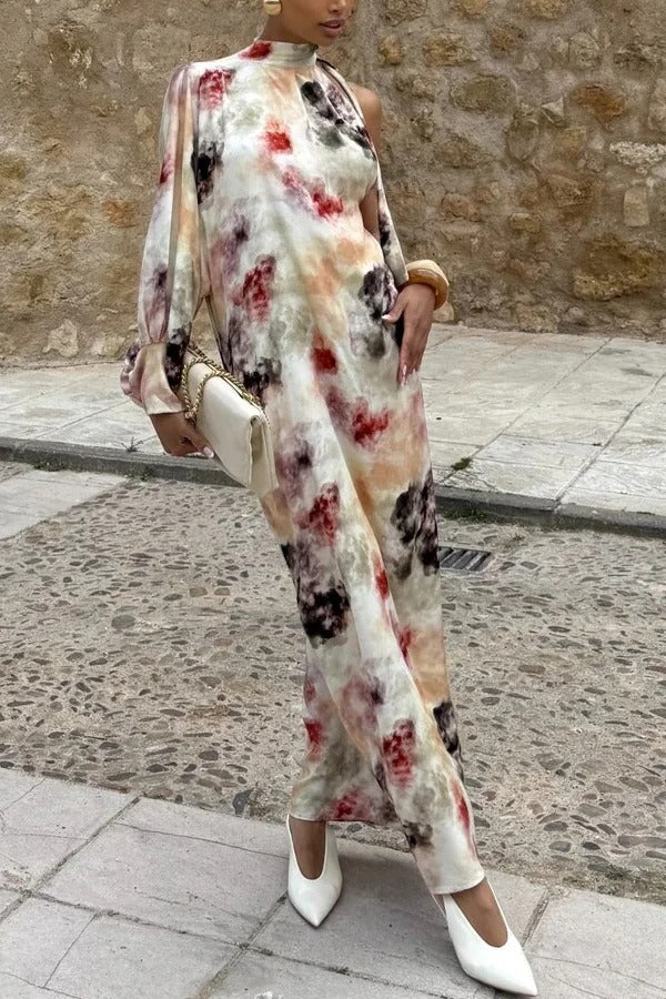 Ninah Satin Tie-dye Print Tie-up Neck One Sleeve H-line Maxi Dress