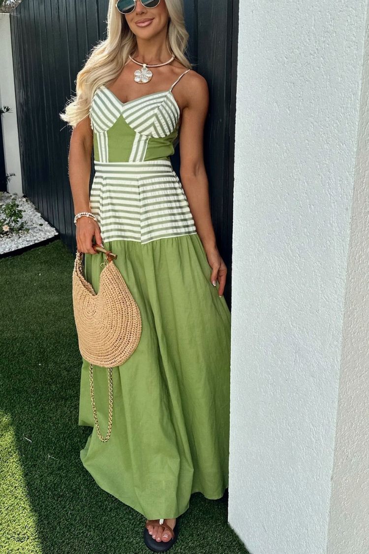 Robe longue smockée à rayures et dos contrasté en lin mélangé Dove