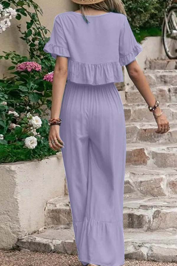 Casual loose solid color short-sleeved wide-leg pants two-piece set