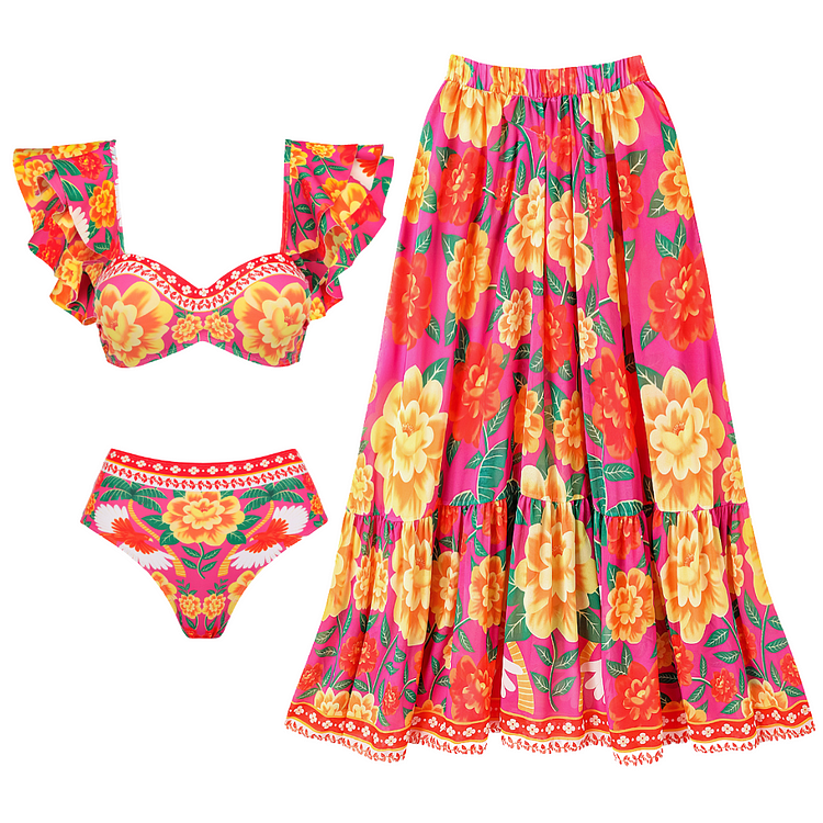 Maillot de bain bikini à imprimé contrasté et volants 