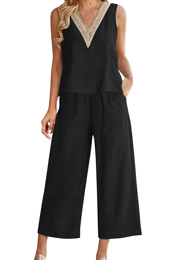 Mchoice Women's Summer Outfits Fashion V-neck Solid Color Sleeveless Tops and Loose Pocket Pants Suit