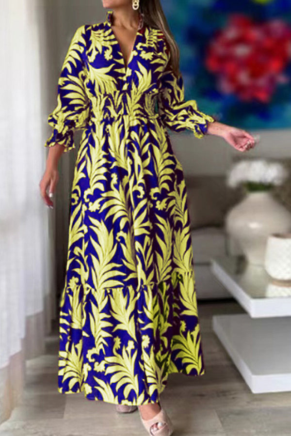Waist pullover bohemian print long-sleeved swing dress