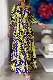 Waist pullover bohemian print long-sleeved swing dress