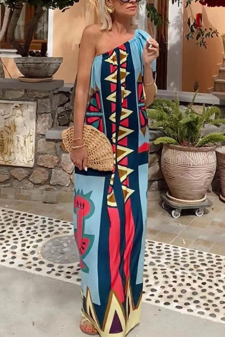 Color Boost – Maxikleid mit einzigartigem Print und einer Schulter, Glockenärmeln und Taschen