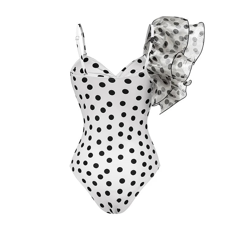 Maillot de bain une pièce à volants et imprimé pois, asymétrique, découpé et jupe 
