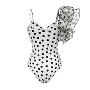 One Shoulder Ruffle Dot Printed Cut Out One Piece Swimsuit and Skirt