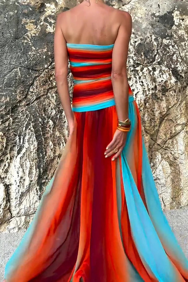 Sardinia Sunset Mesh Printed Twist Cutout Off Shoulder Vacation Maxi Dress