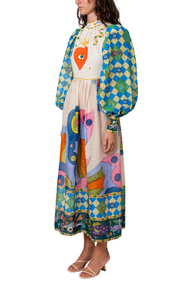 Dear To My Heart – A-Linien-Midikleid mit einzigartigem Print und Laternenärmeln