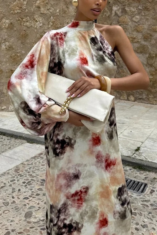 Ninah Satin Tie-dye Print Tie-up Neck One Sleeve H-line Maxi Dress