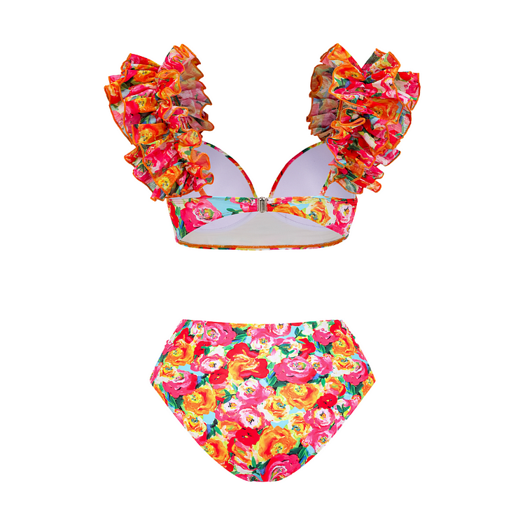 Maillot de bain bikini à volants et bretelles à imprimé floral, double épaisseur, et paréo 