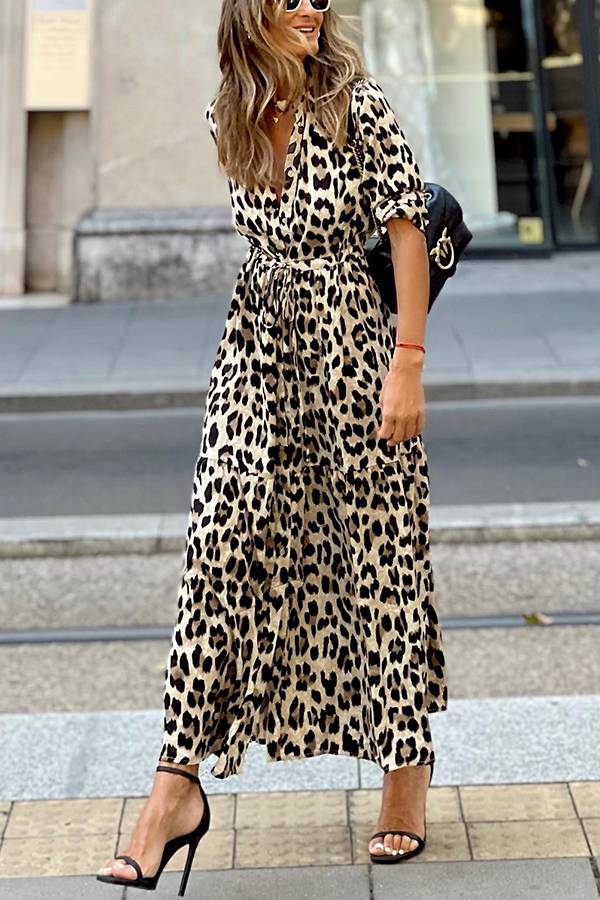 Robe longue à imprimé léopard et boutons, manches longues, taille élastique
