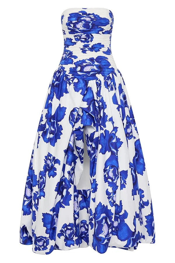 Robe longue à épaules dénudées et corsage froncé à ourlet bouffant et imprimé floral Perfect Moment