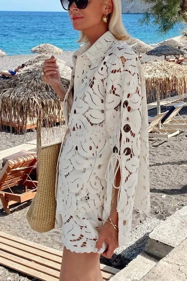 Ensemble chemise à manches longues et short à taille élastique Always Favorite en dentelle ajourée