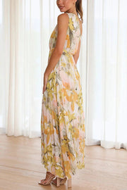 Saw An Angel Floral One Shoulder Elastic Waist Pleated Maxi Dress