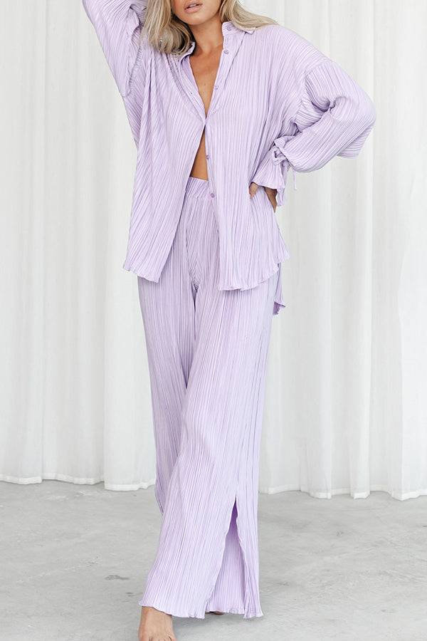 Fashion Set Pleated Shirt Long Sleeve Slit Trousers Set