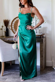 Timeless Luxurious Feel Satin Corset Cowl Bust Slit Maxi Dress