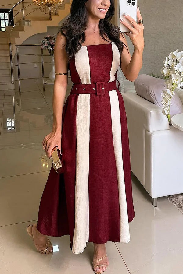 Robe longue smockée en lin mélangé Parson avec ceinture et blocs de couleur dans le dos