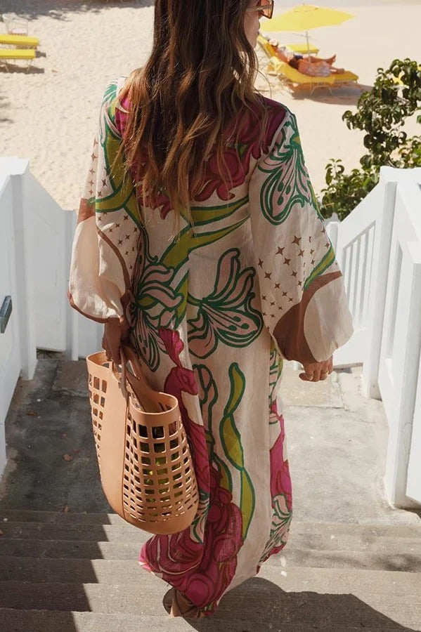 Robe longue tunique à manches ballon et lien en mélange de lin Tracey 