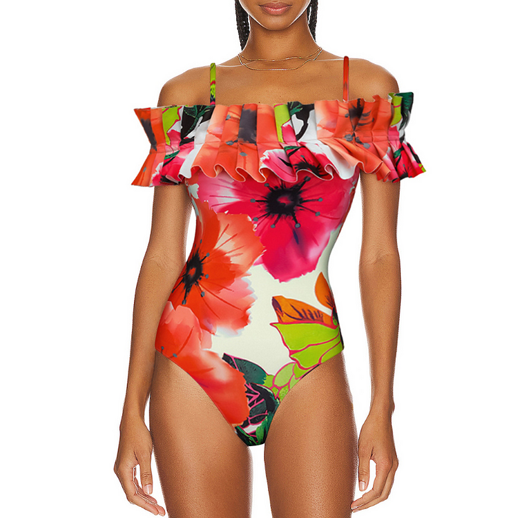 Maillot de bain une pièce imprimé à volants et épaules dénudées avec jupe 