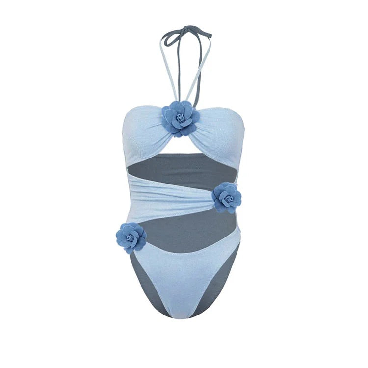 Maillot de bain une pièce et paréo découpés à fleurs 3D 